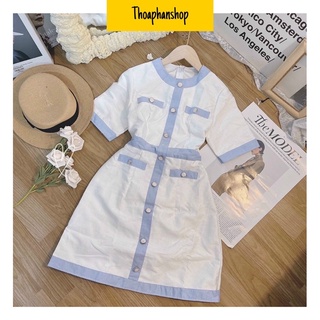 Đầm xốp trắng nút viền xanh tay ngắn