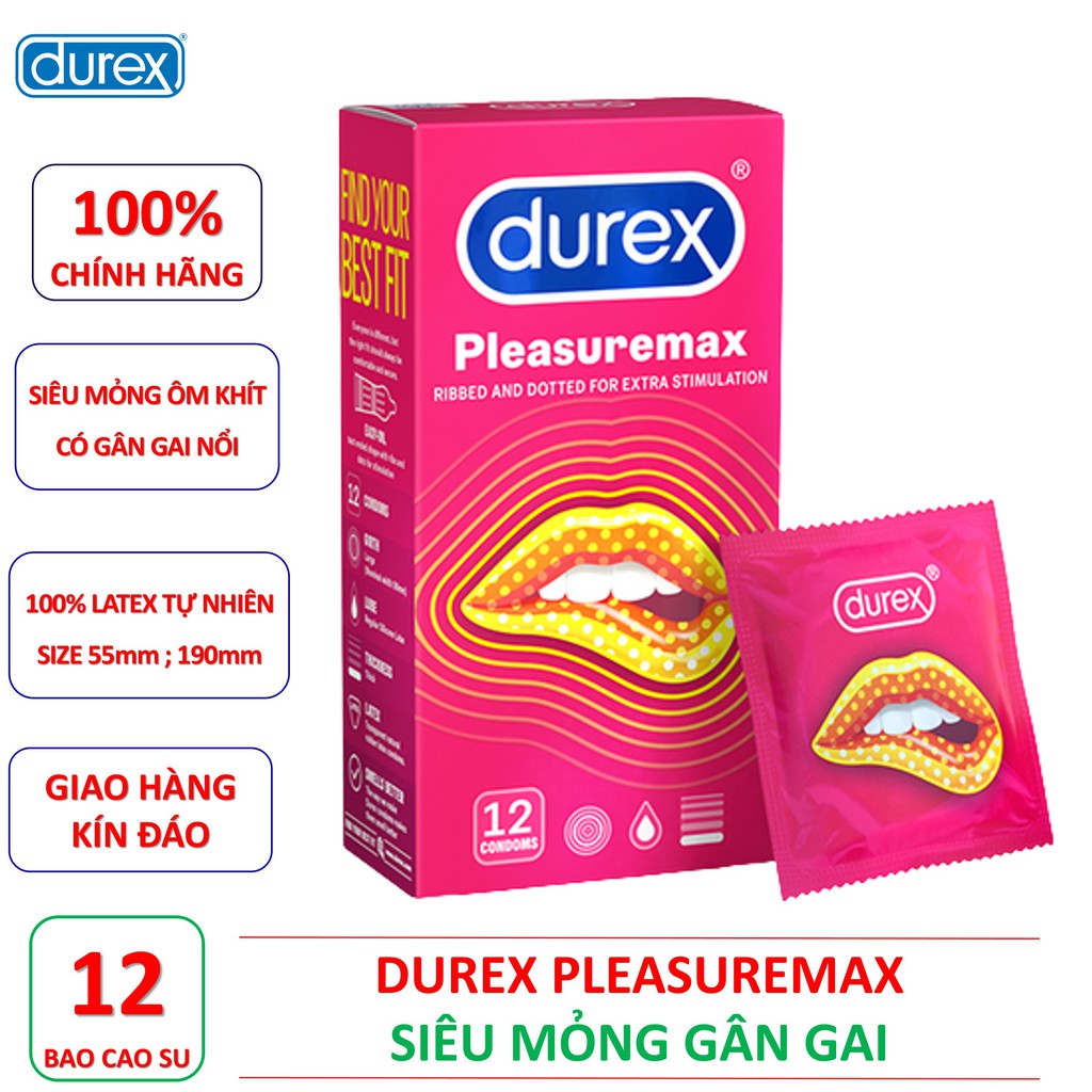 [DUREX CHÍNH HÃNG] Bao cao su DUREX siêu mỏng gân gai Durex Pleasuremax hộp 12 bao cao su