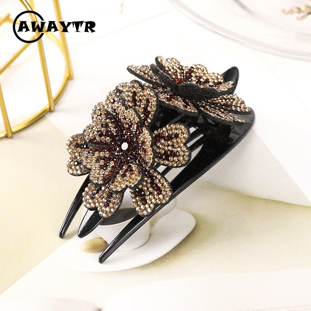 Kẹp Tóc Đuôi Ngựa Đính Đá Hình Hoa Kép Thanh Lịch Cho Nữ