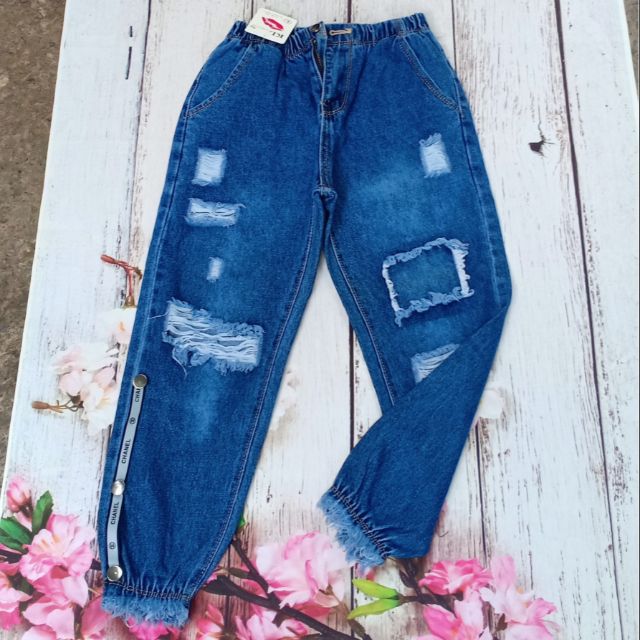 Quần baggy rách lưng cao có dây khoá
