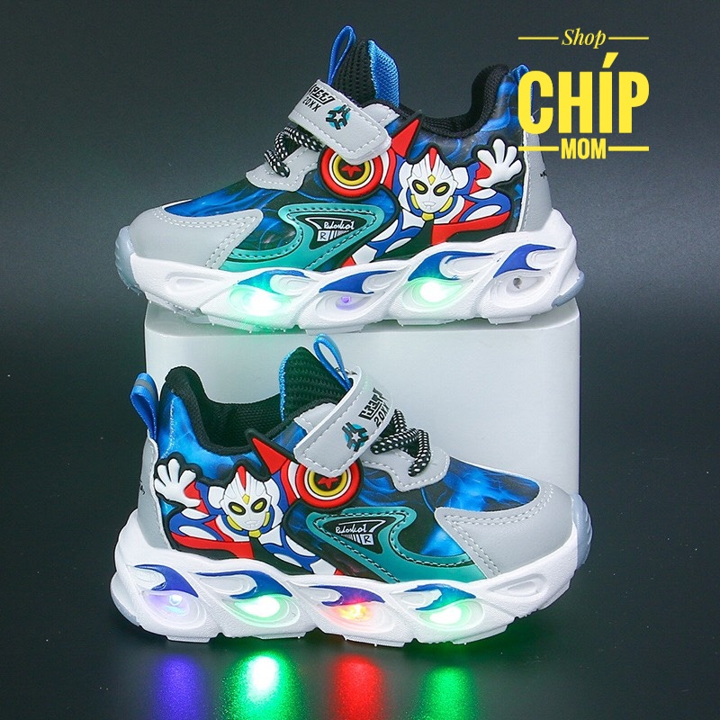 giày thể thao bé trai siêu nhân da bóng mềm có quai dán tùy chỉnh đèn led ngoài nhấp nháy  siêu nhẹ QCCC full hộp A58