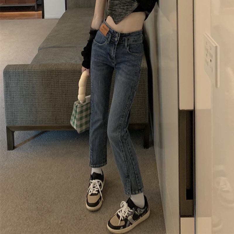 Quần jeans đen lưng cao xẻ ống thời trang cho nữ