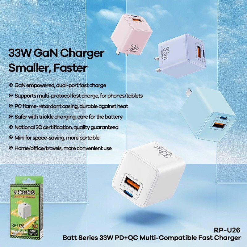 Củ Sạc Nhanh Gan REMAX RP-U26 Siêu Nhỏ Gọn Sạc Nhanh Cổng Kép GaN PD 33W + QC 3.0 Có Các Màu Lựa Chọn, Bảo Hành 06 tháng
