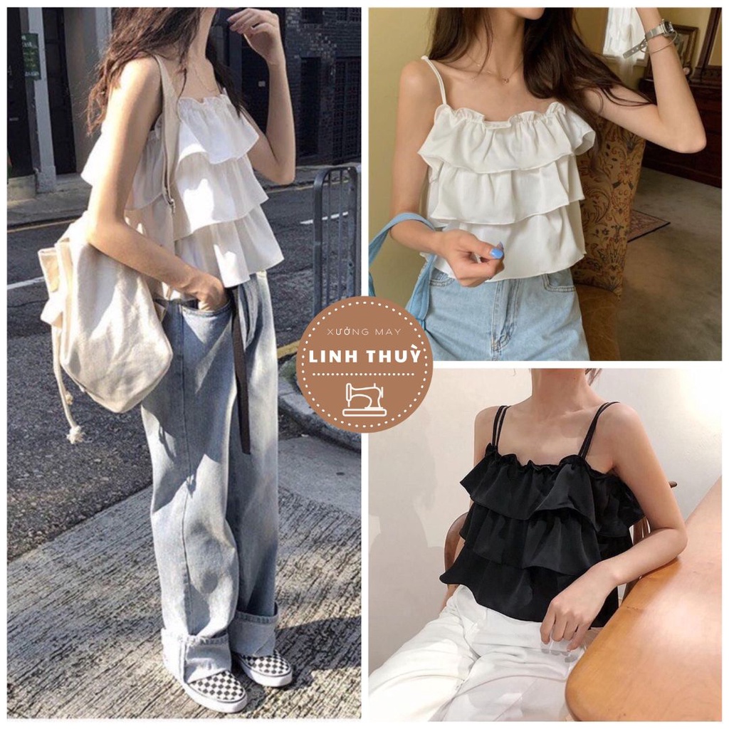 Áo 2 dây 3 tầng bồng voan lụa bánh bèo - Thun kiểu mặc đi biển tiểu thư năng động màu trắng đen hàn quốc ulzzang