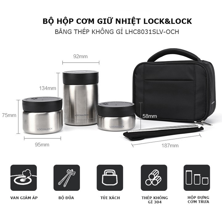 Bộ Hộp Cơm Giữ Nhiệt Bằng Thép Không Gỉ Màu Bạc Lock&amp;Lock LHC8031SLV - Hàng chính hãng