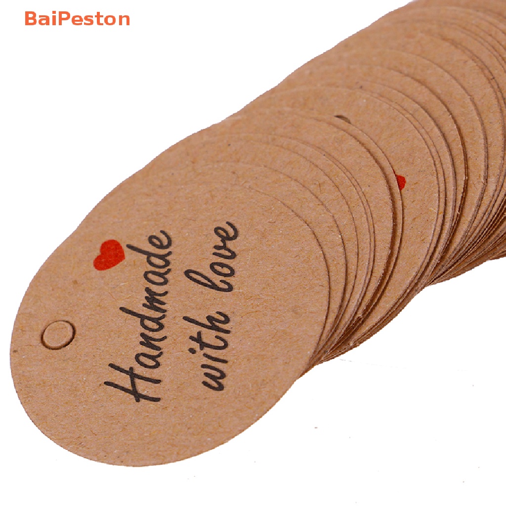 Set 100 Thẻ Giấy Kraft Trơn In Chữ Handmade with Love Kèm 20m Dây Treo