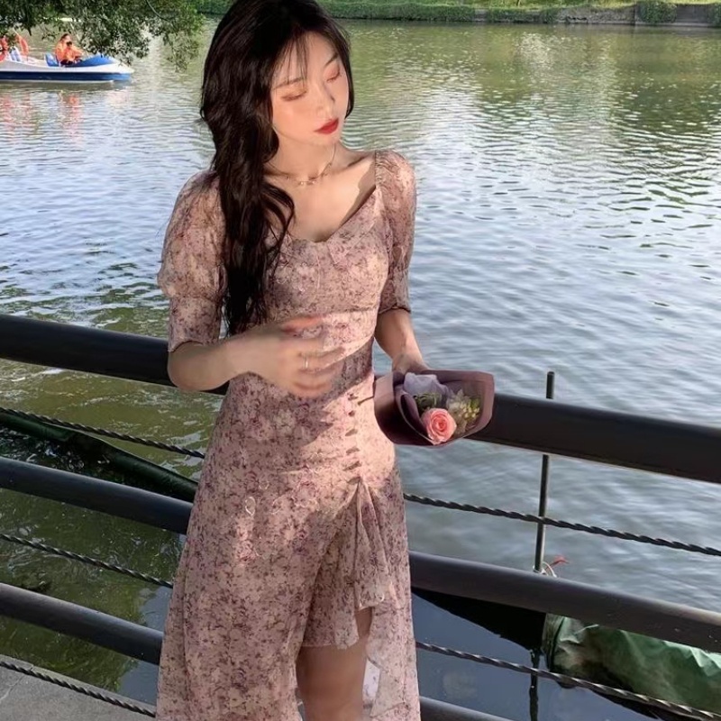 Đầm PERTY dáng dài tay ngắn phồng cổ vuông thiết kế xẻ tà họa tiết hoa thời trang mùa hè thanh lịch mới cho nữ