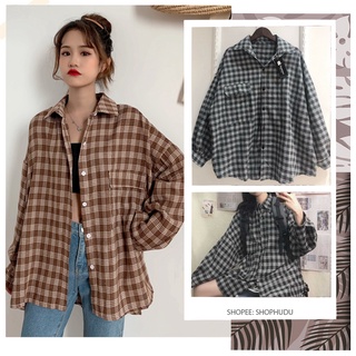 A011 Áo sơ mi kẻ caro oversize nam nữ vintage dài tay ulzzang, áo khoác chống nắng cỡ rộng tay phồng phong cách Hàn Quốc