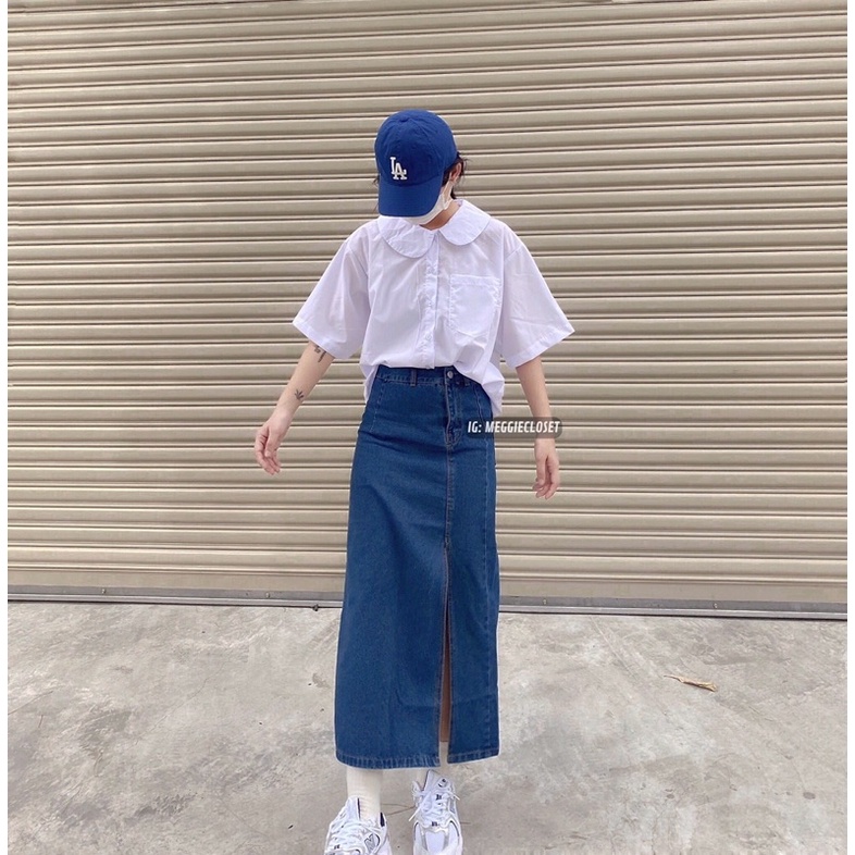 Chân váy jean xanh đậm nút 1 bên