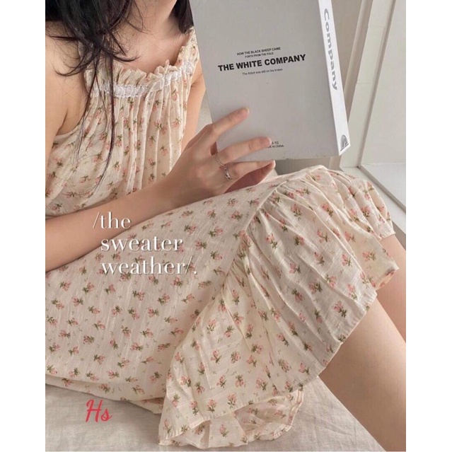 Váy 2 dây yếm đuôi cá rộng qua gối viền ren hoa nhí, có size S-XL và có ảnh video thật