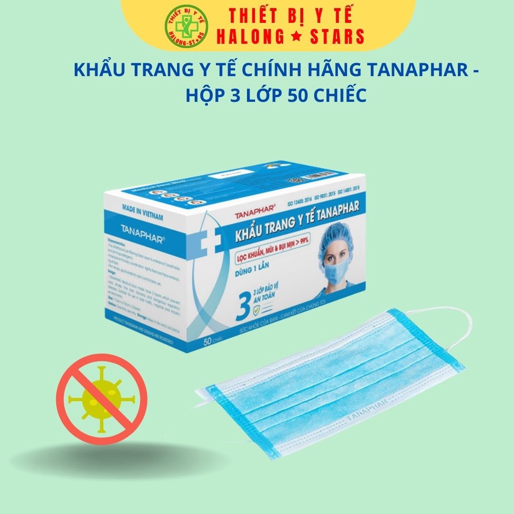 Khẩu trang y tế 3 lớp Tanaphar - Hộp 50 chiếc  dùng 1 lần kháng khuẩn - không thấm nước. Phòng chống các dịch bệnh .
