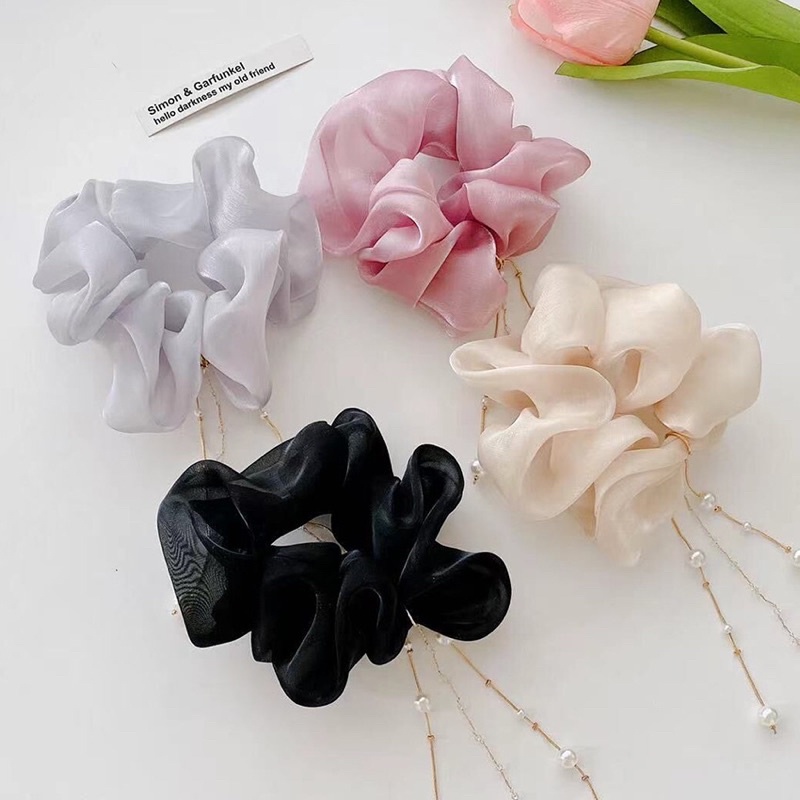 Dây buộc tóc phồng bồng bềnh tua rua đính hạt ngọc xinh xắn dễ thương ruy băng dây cột tóc bánh bèo công chúa Hàn Quốc