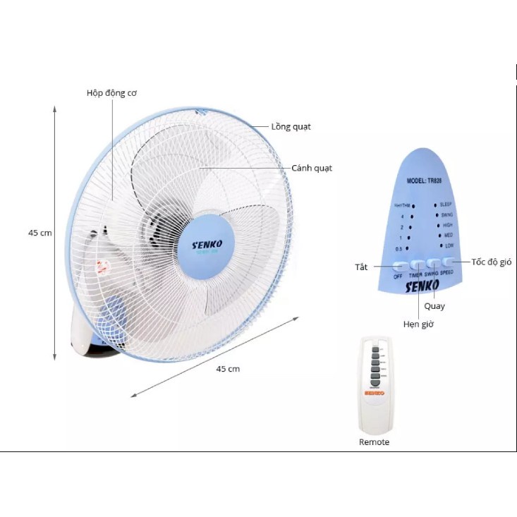 Quạt treo tường điều khiển từ xa remote Senko TR1628 mẫu mới có sẵn pin AA -Bảo Hành 2 năm(có ship hỏa tốc,aha,grap)