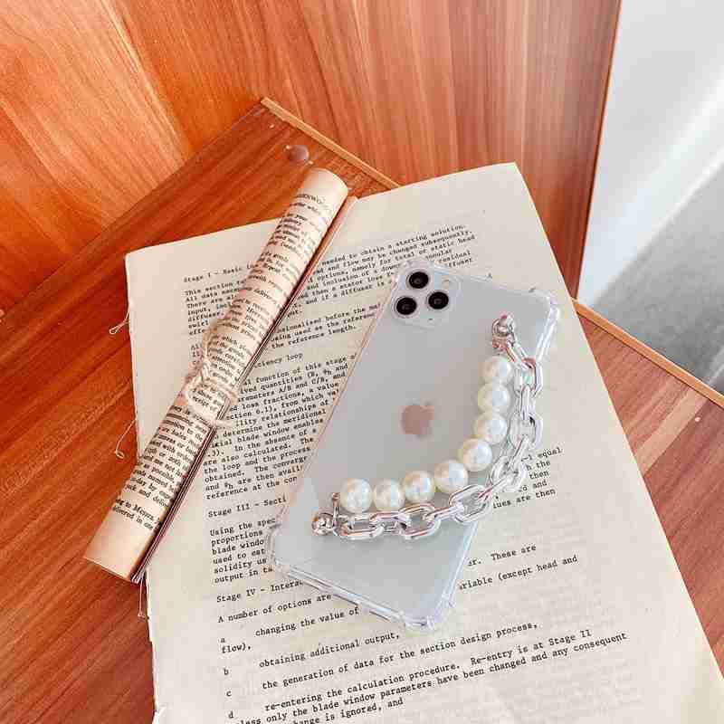 Wrist Chain Case iPhone 12 11 Pro Max 7 8 Plus X XS Max 6 6S PLUS Transparent Glitter Case Cute Silver Pearl Chain Hanging Soft Phone Case