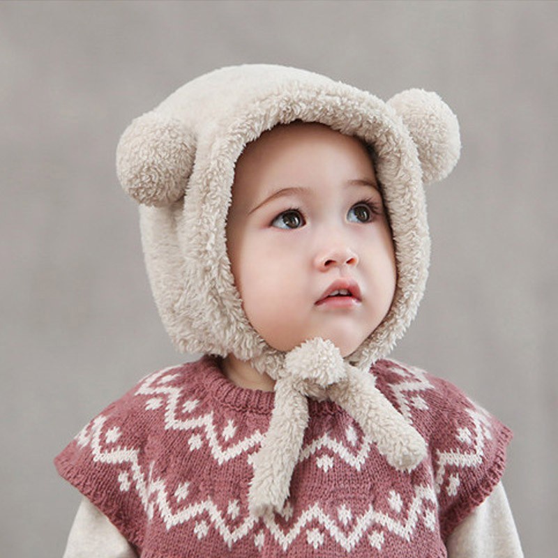 Mũ beanie Trùm Đầu Đính Quả Bông Dễ Thương Cho Bé