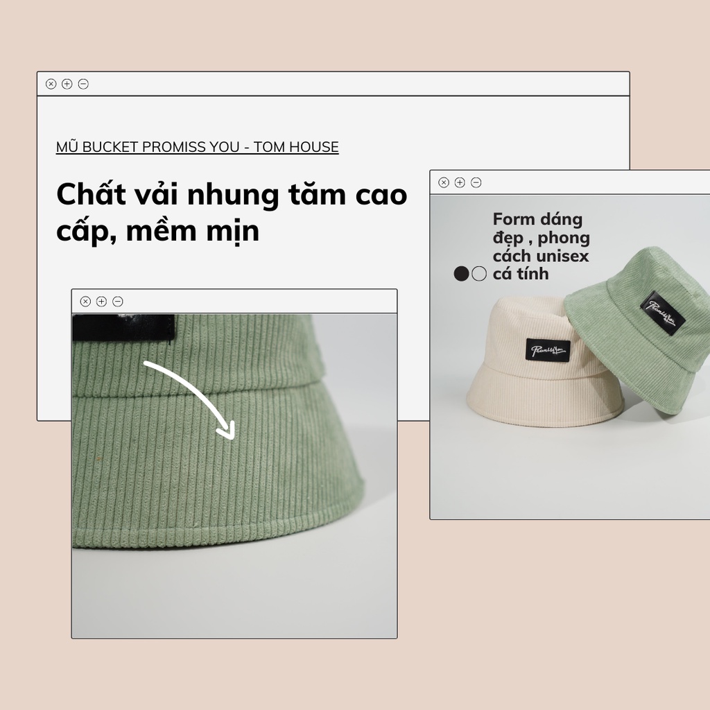 Mũ bucket Promissyou nón tai bèo vải nhung tăm rộng vành dáng tròn nhỏ dành cho nam nữ thời trang Unisex Tom House