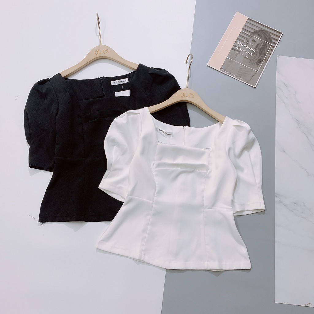 Áo kiểu sơ mi cổ vuông tay phồng phong cách Hàn Quốc sang chảnh đẹp 2 màu đen và trắng - Hia Store ACV0001 | BigBuy360 - bigbuy360.vn