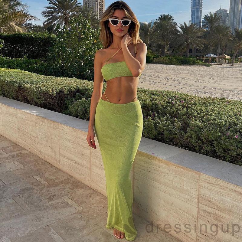 Bộ Áo Ống Không Tay Màu Trơn + Chân Váy Dài Co Giãn Dễ Phối Đồ Cho Nữ