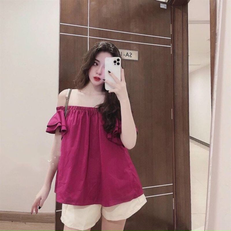 Sét Bộ áo Lụa dáng babydoll trễ vai mix quần tappta
