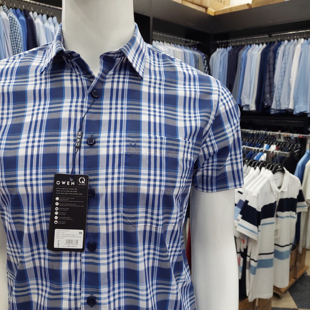 Áo Sơ Mi Nam Ngắn Tay Owen BA22554NT Sơ Mi Cộc Tay Công Sở Cao Cấp Màu Xanh Navy Kẻ Caro Vải Sợi Tre Body Fit Tà Bằng