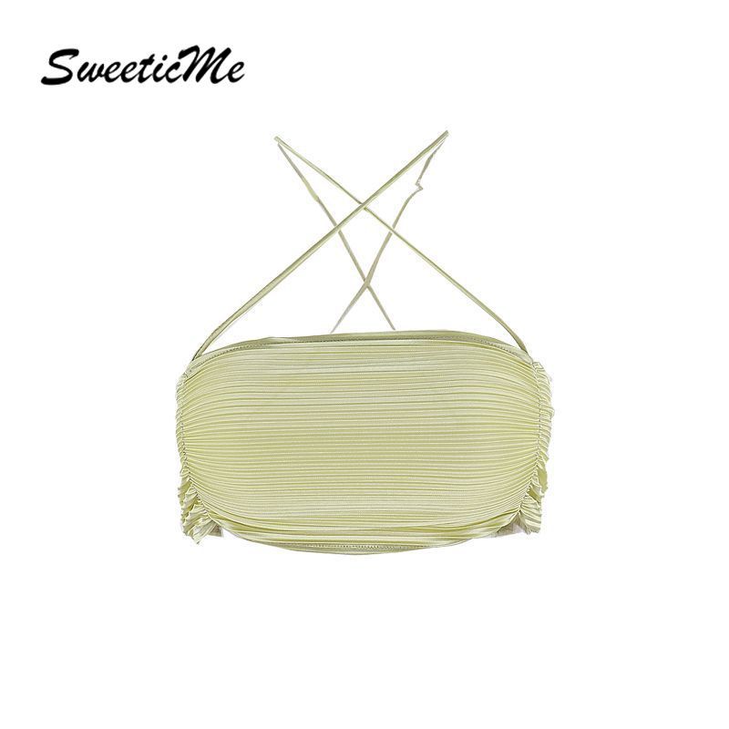 Áo Lửng Hai Dây Màu Trơn Siêu Ngắn Thiết Kế Xếp Ly Thời Trang Mới Cho Nữ