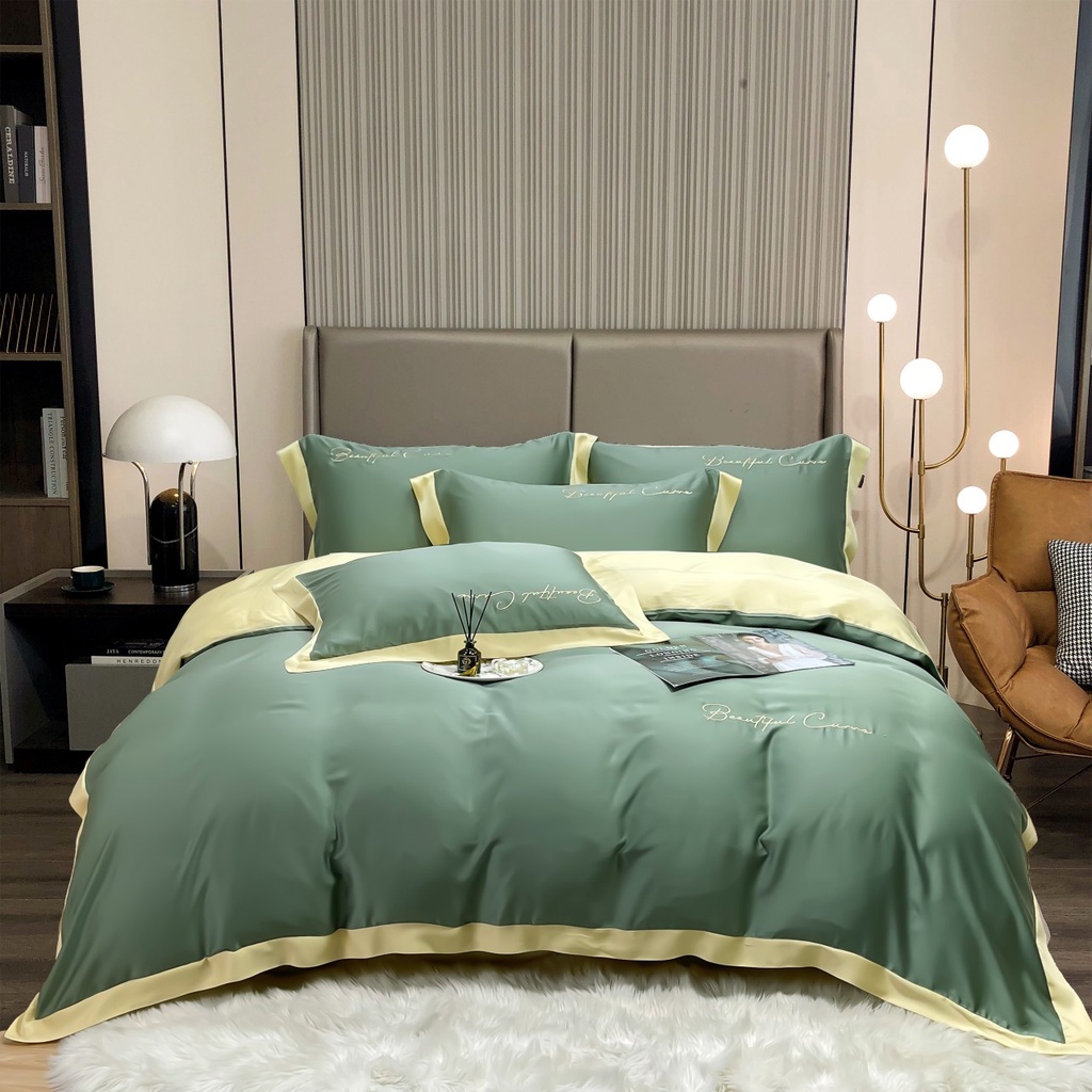 Bộ Chăn Ga Gối Lụa Tencel Cao Cấp Sang Xịn Mịn Mát Gồm Chăn Drap Gối Sét 4 Món - Nhập Khẩu Chính Hãng