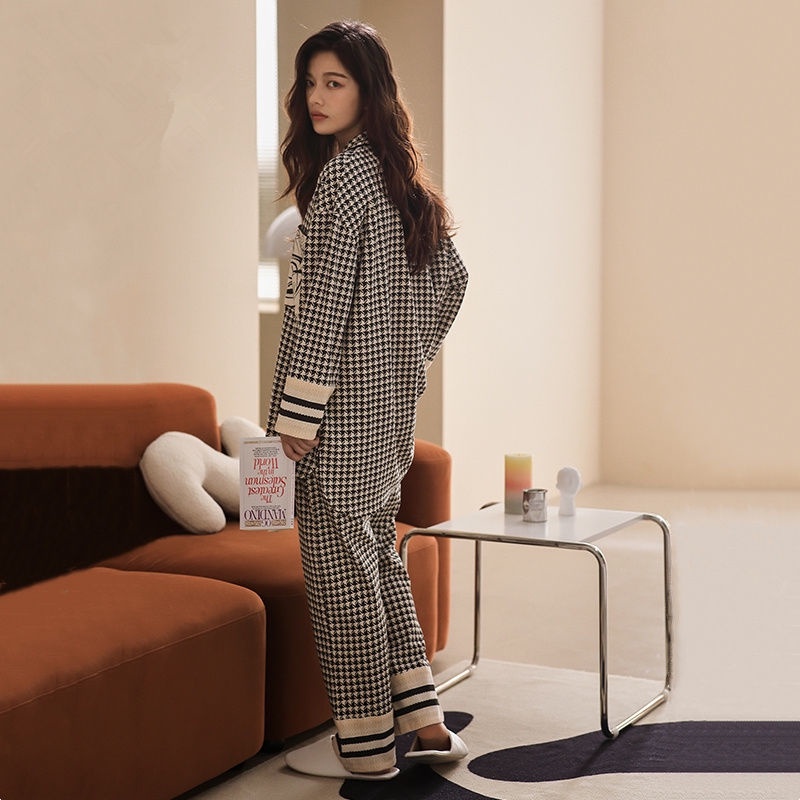 ❤️ Bán Nóng❤️Bộ Đồ Ngủ Hai Mảnh Dáng Rộng Tay Dài In Họa Tiết Houndstooth Phong Cách Mới Cho Bạn Gái