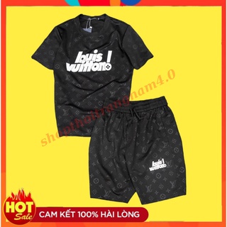 Bộ quần áo nam mùa hè,Đồ bộ nam cộc tay LV dập vân chất thun cao cấp