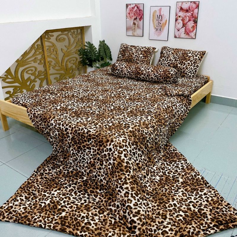 BỘ 4 MÓN DRAP GA THUN LẠNH HÀN  HỌA TIẾT VẰN DA BEO MÁT LẠNH MỀM MƯỚT