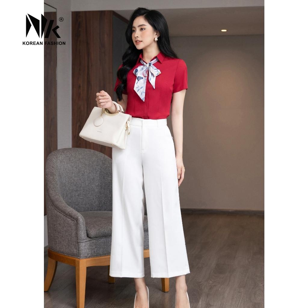 Áo sơ mi nữ cộc tay công sở kiểu dáng basic trơn dáng ôm vải Hàn co giãn - Thời trang thiết kế NK Fashion NKSM2011007