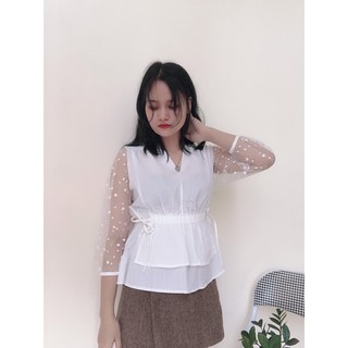 Áo kiểu phối tay ren chấm bi,rút eo buộc nơ MSA2 cho bạn nữ