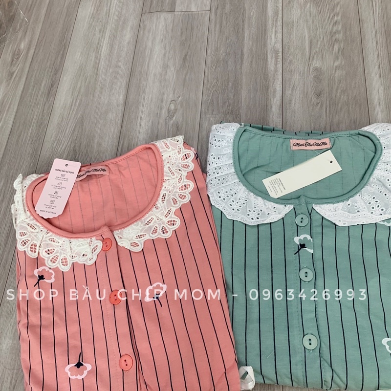Bộ bầu và sau sinh dài tay, cổ ren bèo chất cotton đẹp mềm, kiểu dáng kẻ sọc cực xinh và trẻ trung BD46