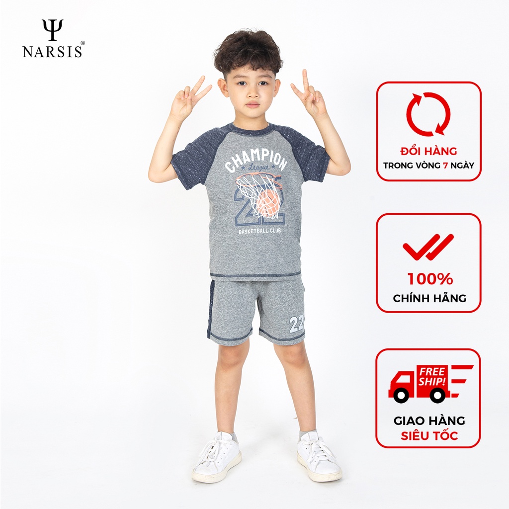 Bộ cotton bé trai Narsis KE1006 màu ghi mặc ở nhà