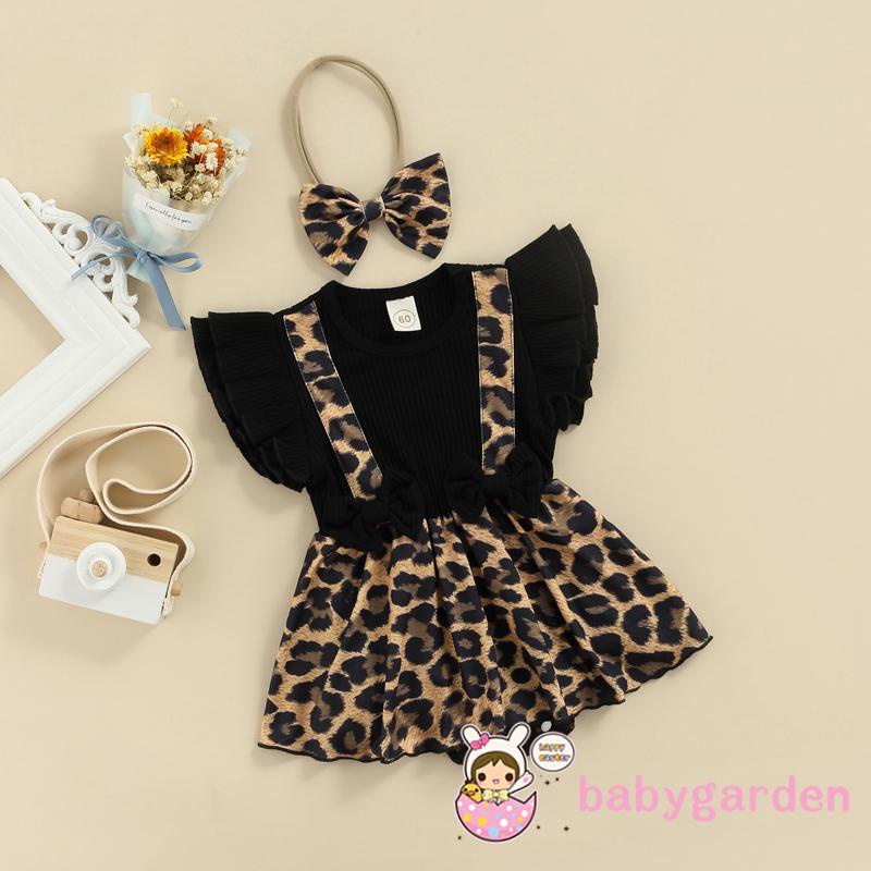 Bộ áo liền quần tay bèo in họa tiết và băng đô thời trang mùa hè xinh xắn dành cho bé gái