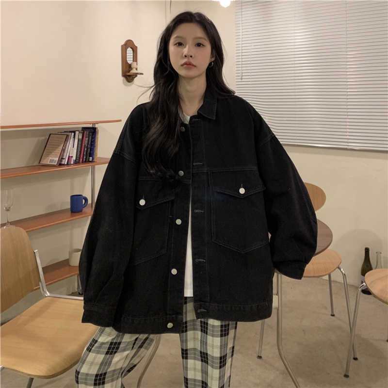 Áo khoác jean ulzzang denim nữ hottrend, áo khoát jacket nữ dài tay lưng in họa tiết chất denim 6039