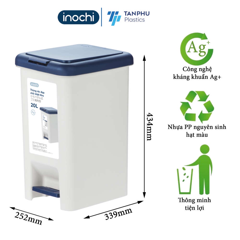 Thùng rác nhựa đạp chữ nhật Inochi Hiro 20L hàng xuất Nhật