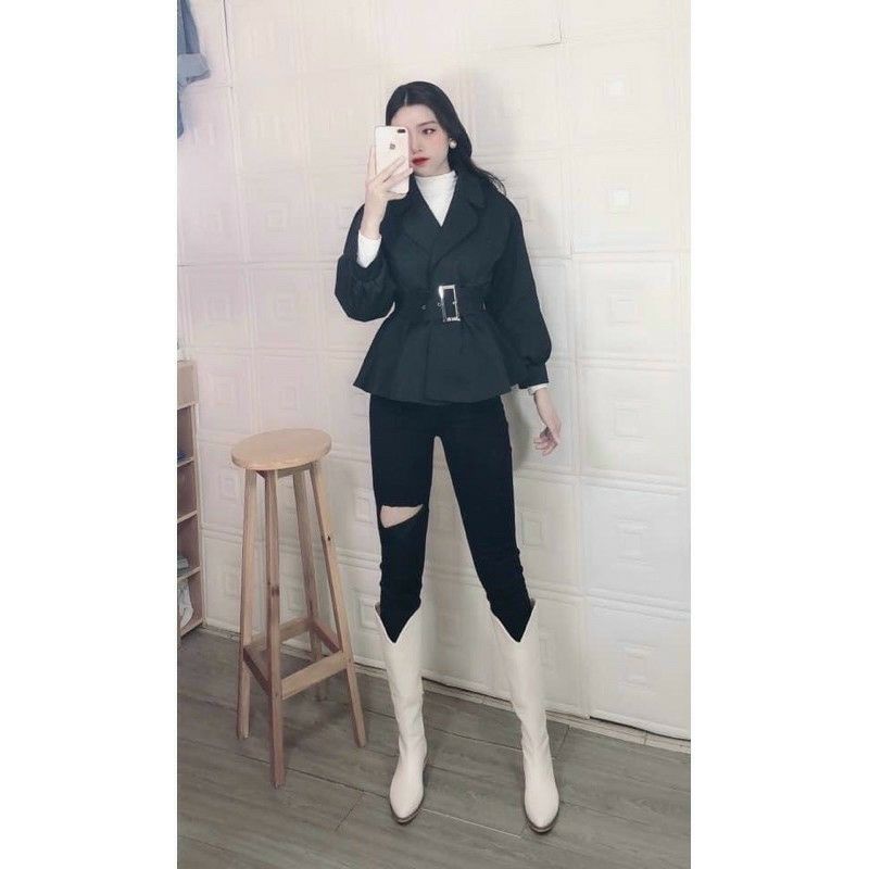 Áo khoác măng tô kaki chần chun eo có đai cài hàng VN