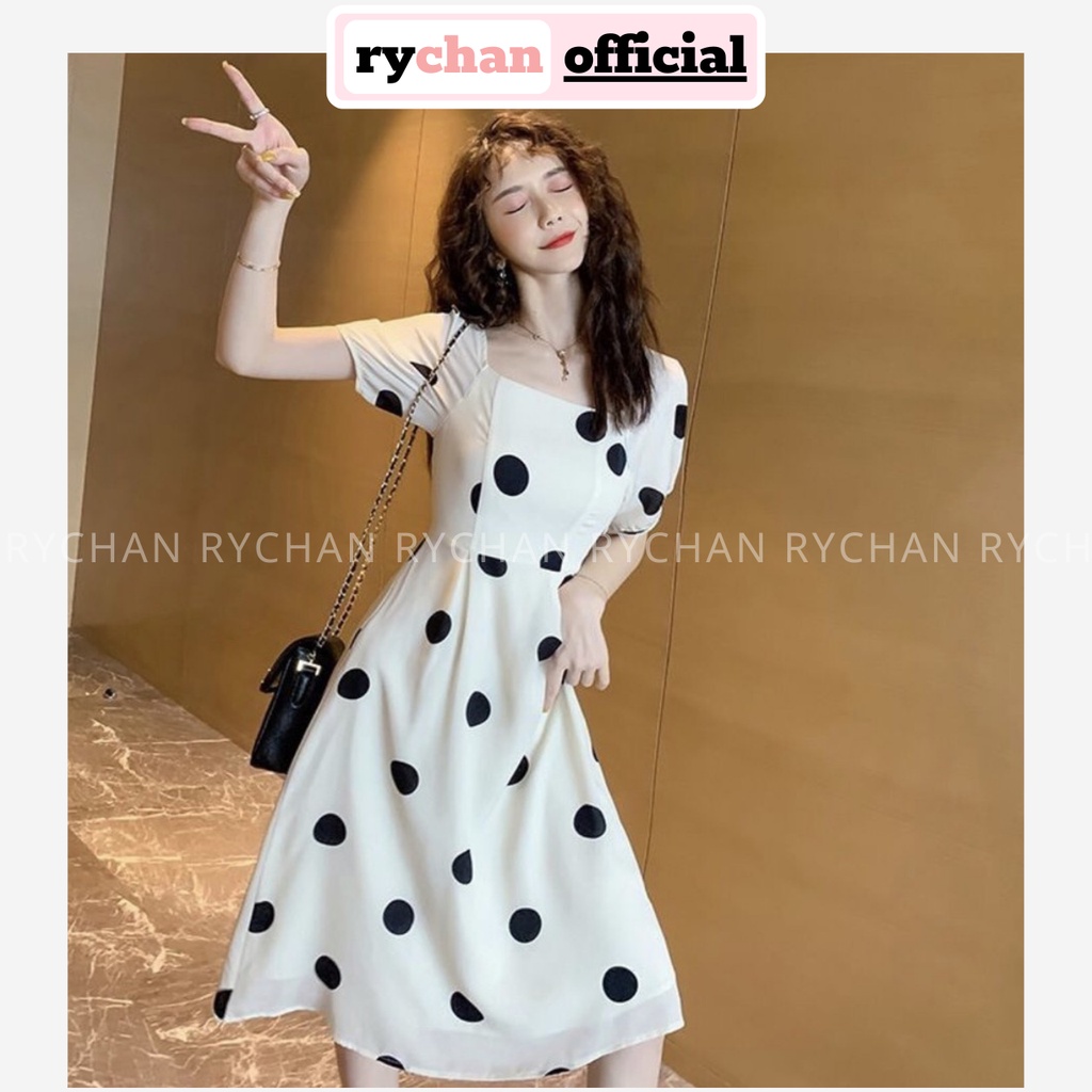 Đầm Xòe Bi Đen Cổ Vuông Nơ Sau - DX798