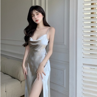 Đầm lụa bóng xẻ tà 2 dây cổ đổ cao cấp (ảnh thật)