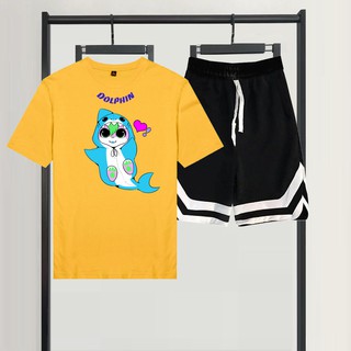 Sét Bộ Đùi Ulzzang Nữ Ngắn Tay Mùa Hè, Áo Phông Cotton Mát Mịn In 3D Ca Heo Tim Kèm Quần Đùi Viền V Phong Cách