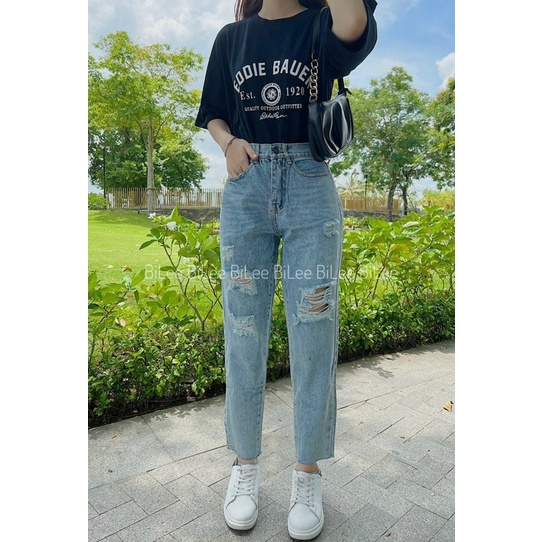 Quần baggy jean cào rách màu xanh nhạt trẻ trung, hình thật 100%