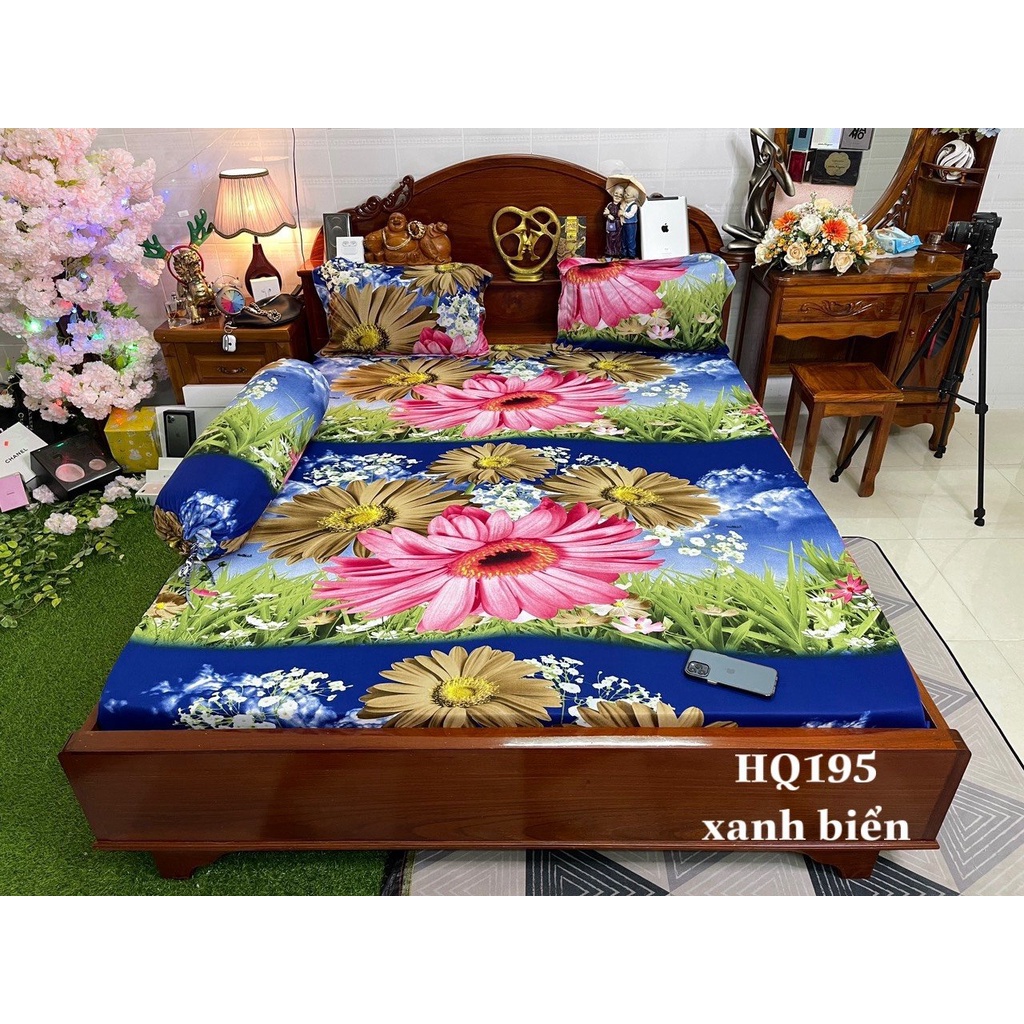 Bộ Drap Hoàng Kim 4 Món Thun Lạnh Họa Tiết Hoa 3D Lớn HQ195
