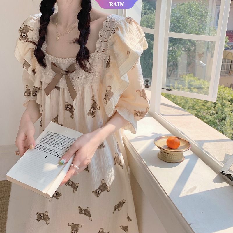 Đầm Ngủ Viền Bèo Tay Lửng Dáng Rộng In Họa Tiết Gấu Hoạt Hình Dễ Thương Thời Trang Mùa Hè Cho Nữ