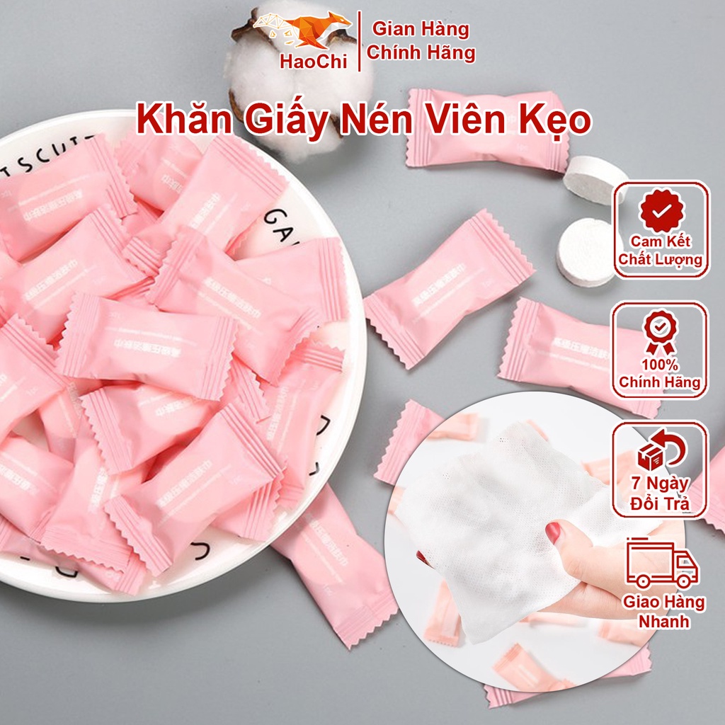 Khăn giấy nén hình viên kẹo nhỏ gọn du lịch dã ngoại haochi