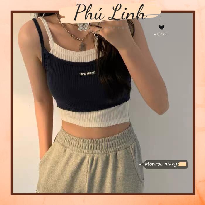 MS223 Áo 2 dây len tăm phối màu dáng croptop năng động