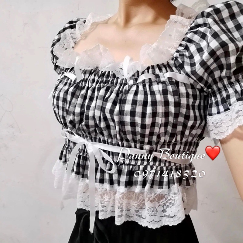 Áo croptop cổ vuông rút dây phối ren lolita xinh xắn, style ulzzang Hàn Quốc 🌻 Panny Boutique 🌻