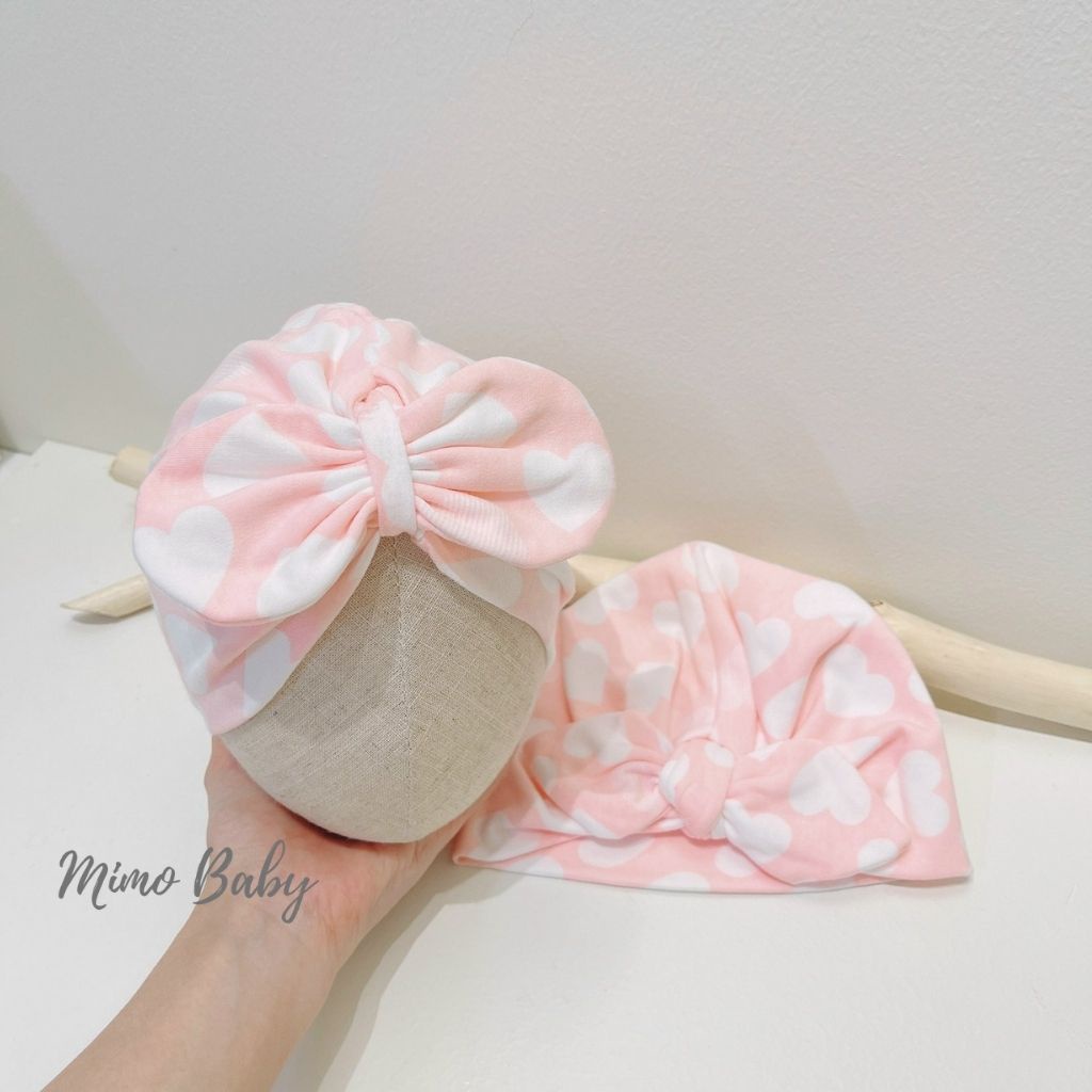 Mũ nón turban vải cotton co dãn màu hồng trái tim dễ thương cho bé gái MTB166 Mimo Baby