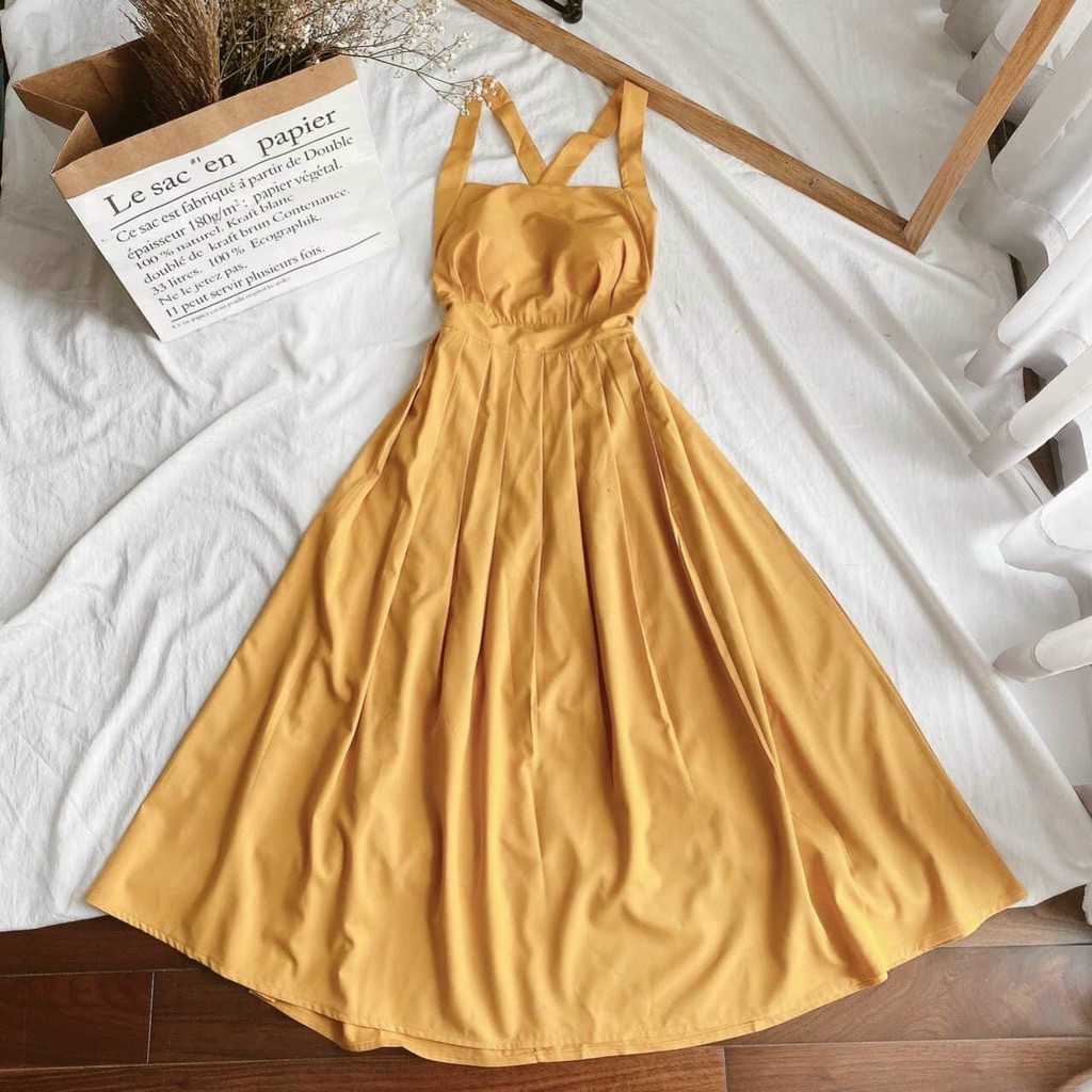 (CÓ ẢNH THẬT SHOP TỰ CHỤP) Đầm Maxi Vàng Đi Biển Xếp Ly Chéo Lưng Siêu Hot Kèm Turban
