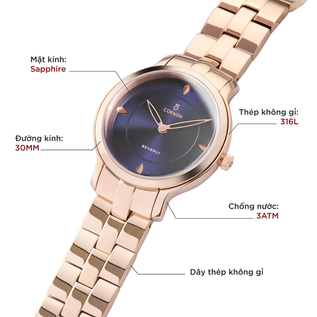 Đồng hồ nữ Curnon Beverly Classy dây kim loại chính hãng, đeo tay nữ tính thời trang