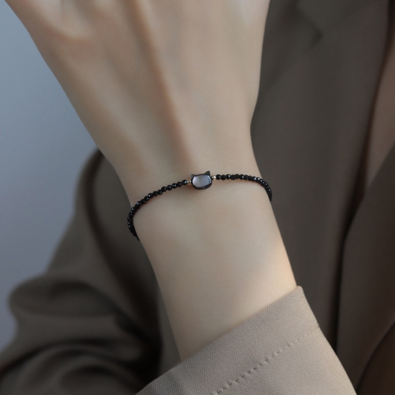 Vòng Tay Mạ Vàng 14k Hình Mèo Đen Đính Ngọc Trai Dễ Điều Chỉnh Thời Trang Cho Nữ